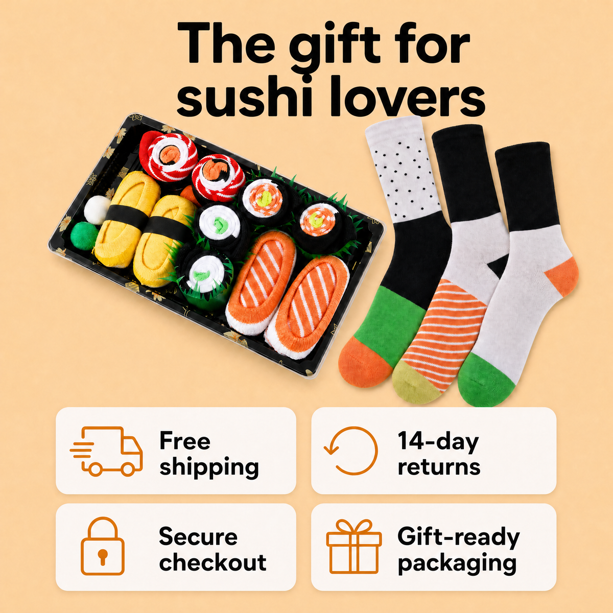 Infographic: the gift for sushi lovers – free shipping, 14-day returns, secure checkout, gift-ready packaging