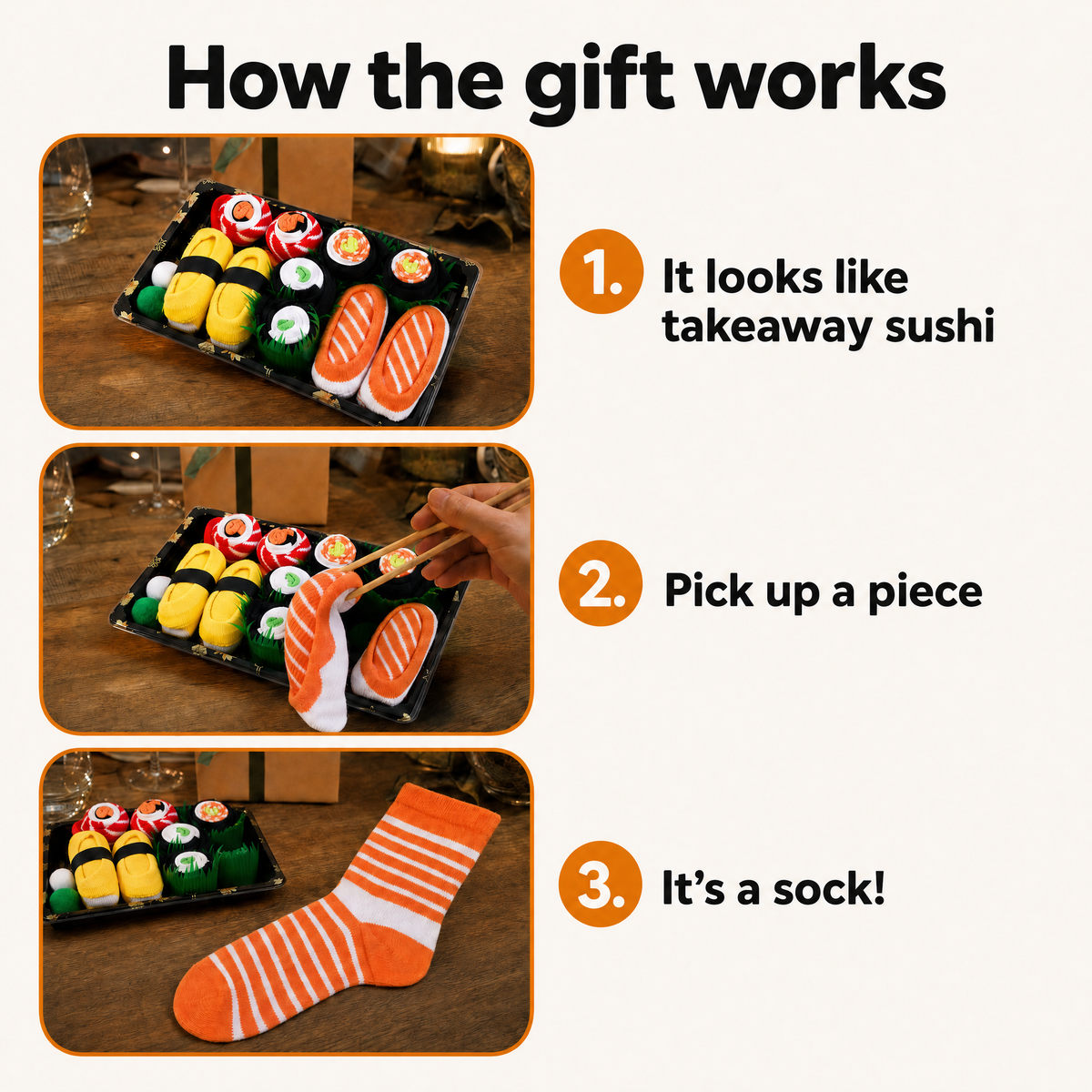 Infographic: how the gift works in three steps – looks like takeaway sushi, pick up a piece, it's a sock