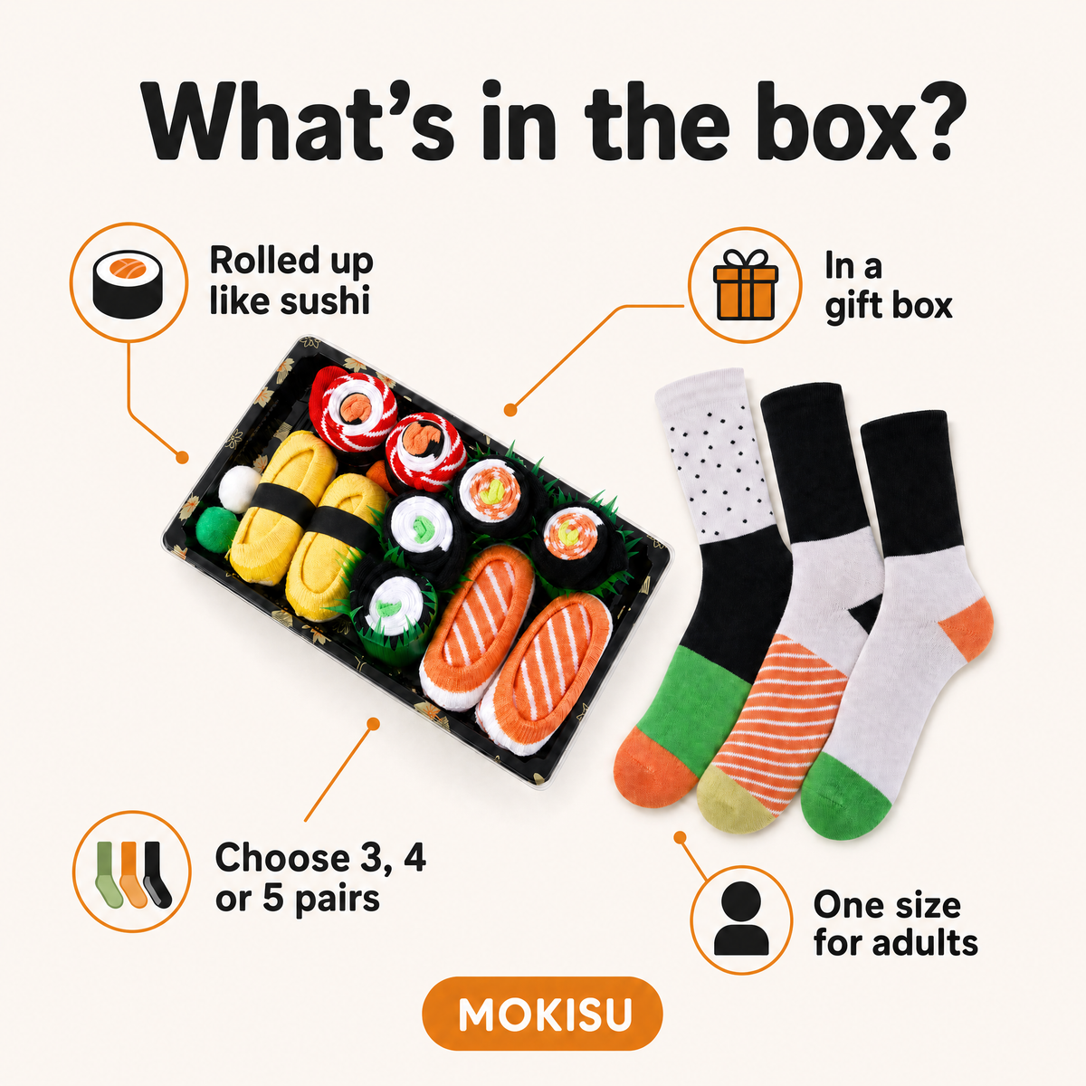 Infographic: what's in the box – rolled up like sushi, gift box, 3, 4 or 5 pairs, one size for adults