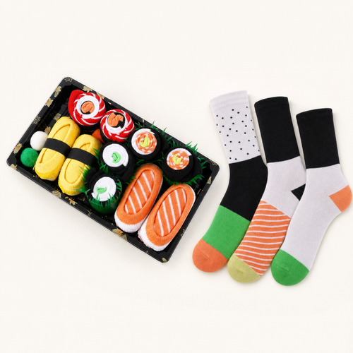MOKISU Sushi Socks: open gift box with socks rolled up like sushi, next to three unrolled socks
