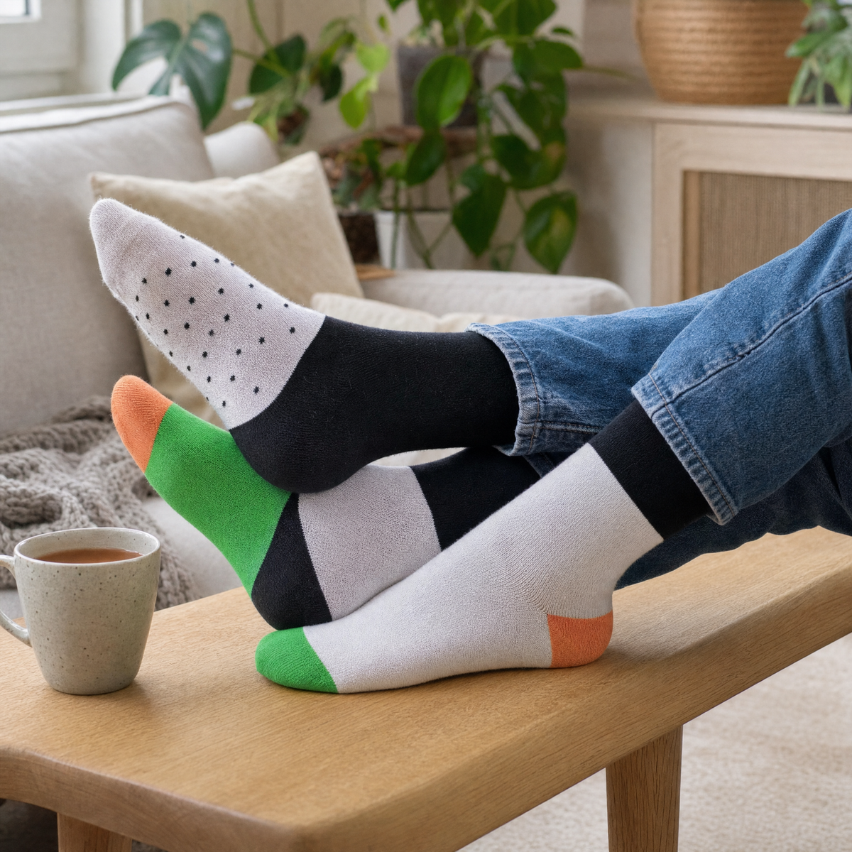 Feet wearing sushi socks on a coffee table
